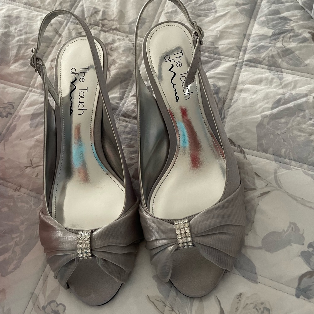 Grey open toe dress shoes—low heel